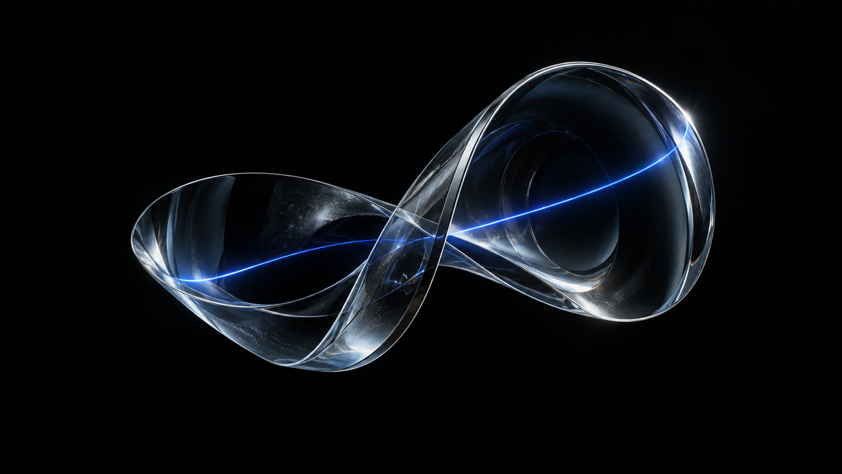 Abstract sculptural ribbon of glass illuminated by blue light